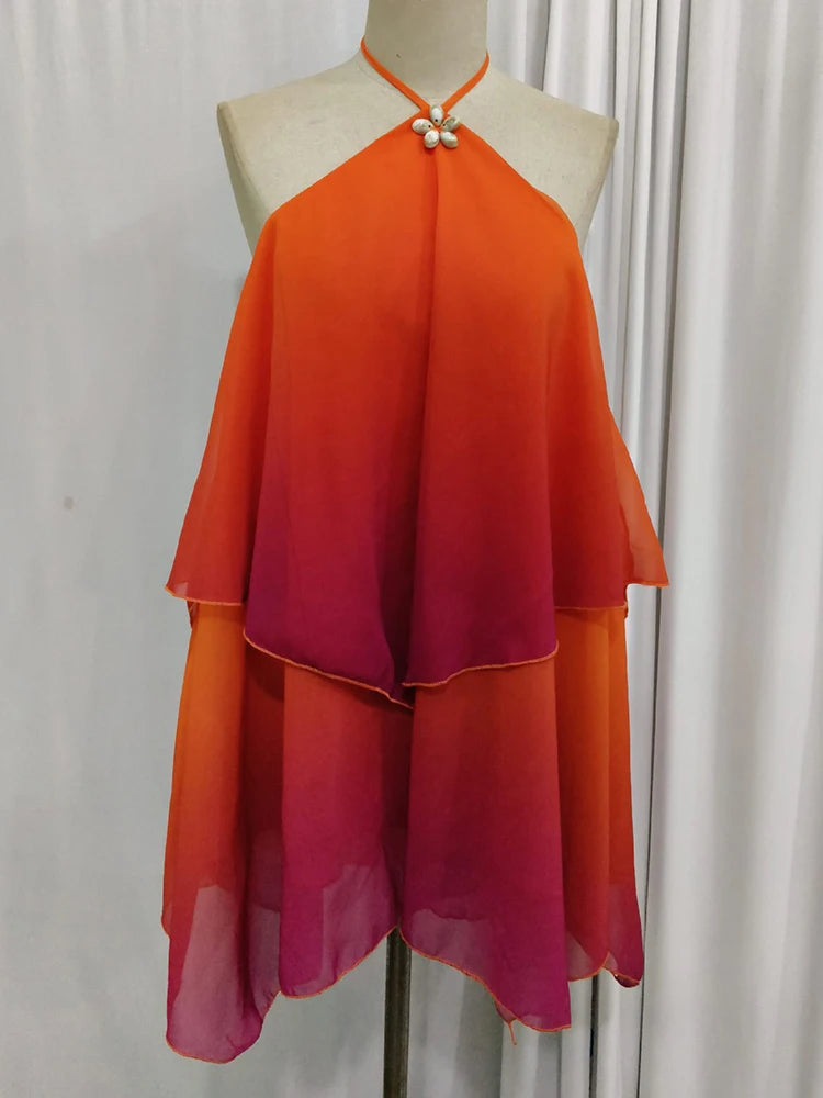 Mozision Gradient Halter Backless Sexy Mini Dress Women Gown Elegant Mesh Zipper Off-shoulder Sleeveless Club Party Dresses