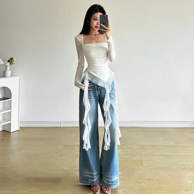 Ruffle Long Sleeve Sexy T-Shirts Fashion Women Y2K Irregular Asymmetrical Korean Crop Tops Casual Sheer Mesh Autumn Chic Tees