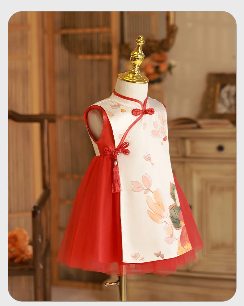 Summer Toddler Girl Clothes Chinese Style Fashion Princess Red Sleeveless Mesh Baby Dresses Luxury Birthday Kids Dress BC569