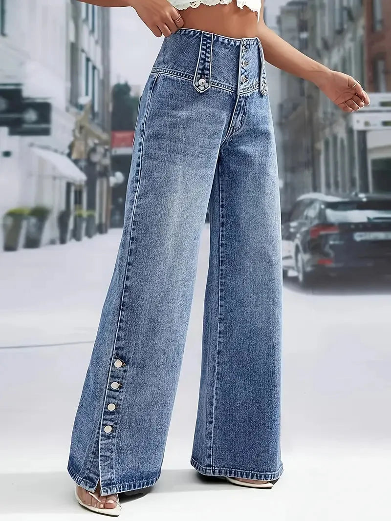 2026 Casual Jeans Pant Pantalones High Waist Wide Leg Trouser Women's Clothing Retro Street Style All-match Buttons Slit Fashion