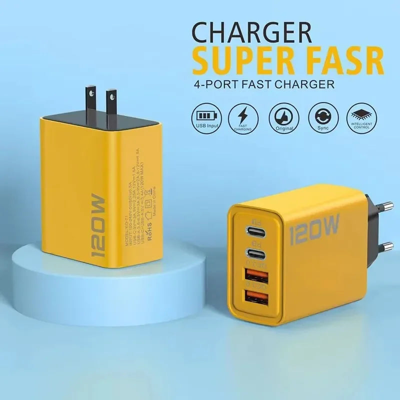 4 Ports 120W Charger USB C PD Quick Charge 3.0 Type C USB Phone Chargers Super Fast Charging Adapter For iPhone Samsung Xiaomi