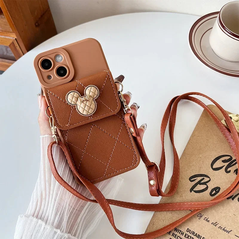 Cartoon Diamond Leather Wallet Case for iPhone 17 16 14 13 11 12 15 Pro Max Plus XS X 16E Card Holder Crossbody Lanyard Cover