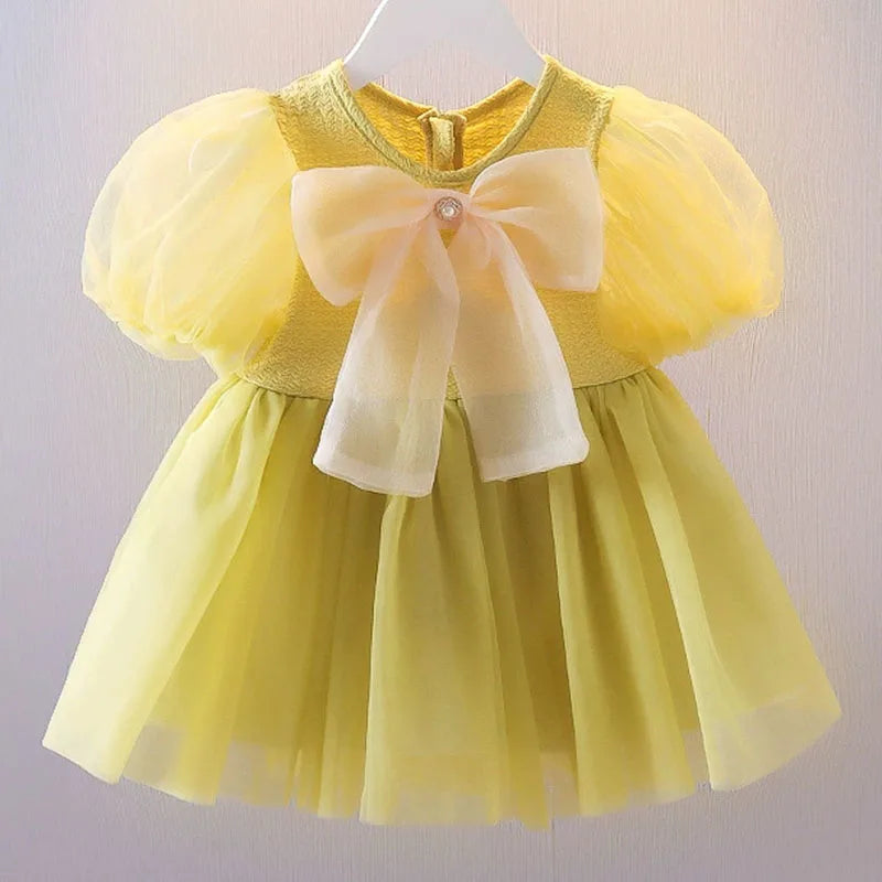 Summer Newborn Girls Clothes Korean Fashion Cute Bow Short Sleeve Mesh Baby Dresses First Birthday Dress Baby Clothing B227