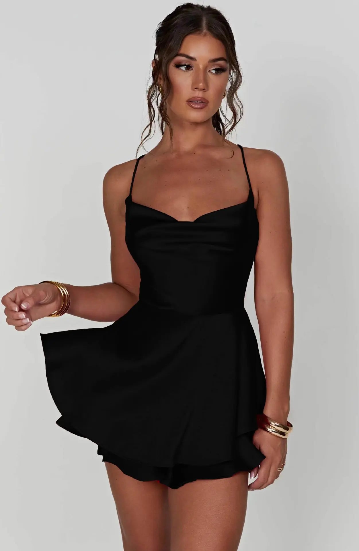 2025 Summer Hot Sale Sexy Solid Color Backless Short Dress - Crisscross Straps Satin Skirt