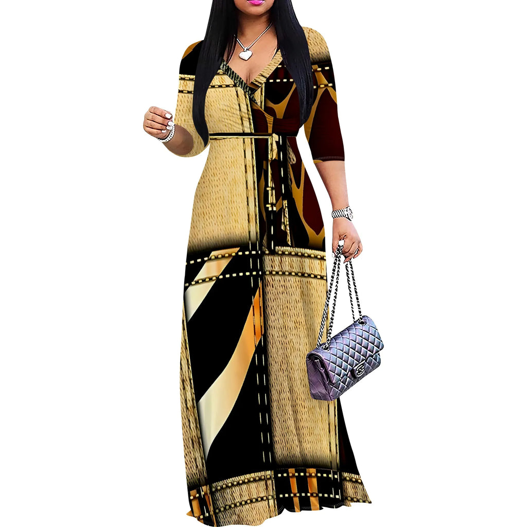 Pullover Sexy V Neck Short Sleeve Loose Long Dress for Women Fashion Printed Summer Beach Party Casual Maxi Dresses