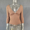 Elegant Women's Waist Cinched Solid T-shirts Slim Deep V-neck Half Sleeve Female Tops 2026 Spring Summer Lady All-match Top