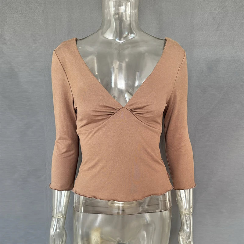 Elegant Women's Waist Cinched Solid T-shirts Slim Deep V-neck Half Sleeve Female Tops 2026 Spring Summer Lady All-match Top