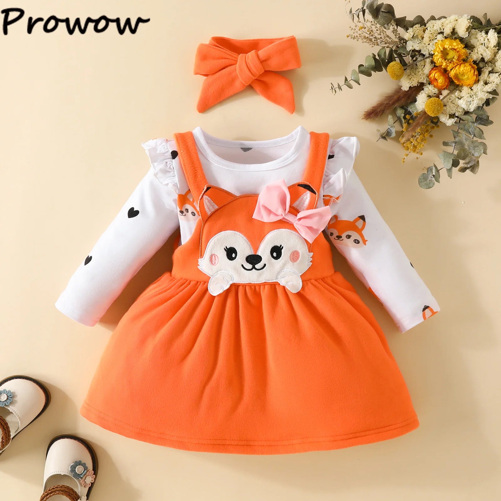 Prowow Cute Fox Baby Dresses For Girls Heart Print Romper+Suspender Fox Dress For Girls Fall Winter Newborn Baby Girl Clothes