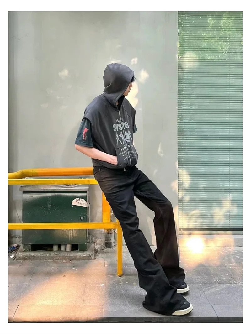 High Street RO Style Denim Pants Men's 24SS Basic Elastic Black Ribbon Loose Flared Streetwear Casual Jeans Pants Men Clothing