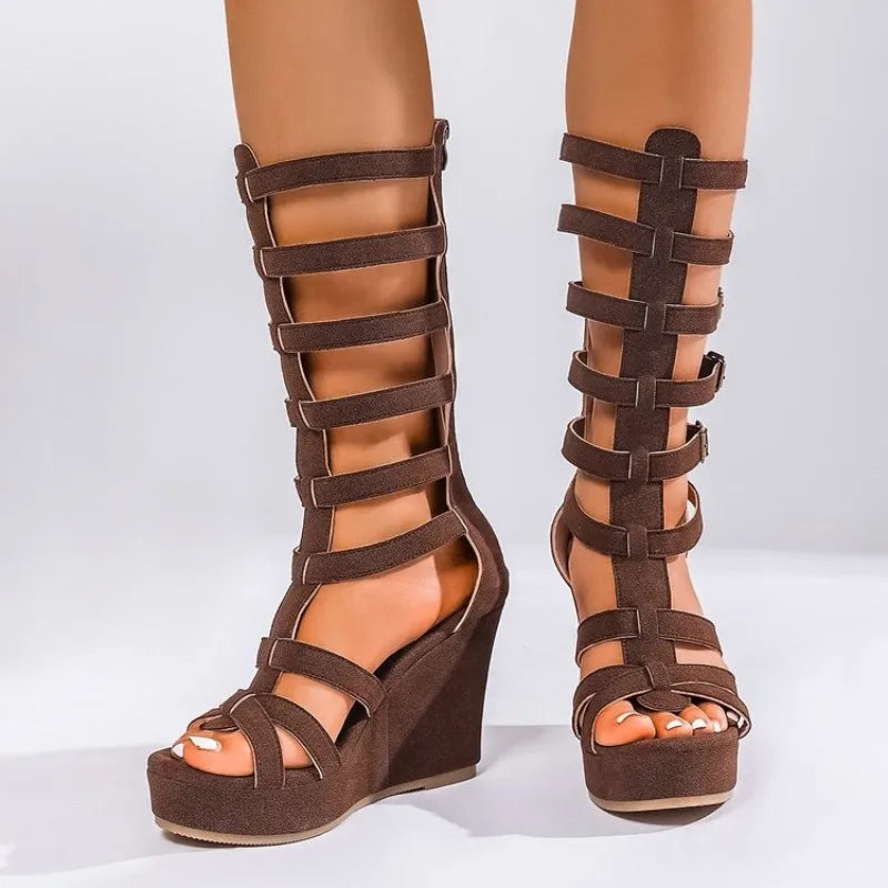 Summer Women Platform Sandals Plus-size  High-top Hollowed-out Flat Shoes Women Belt-buckle Soft-soled Roman Wedge Sandals Women