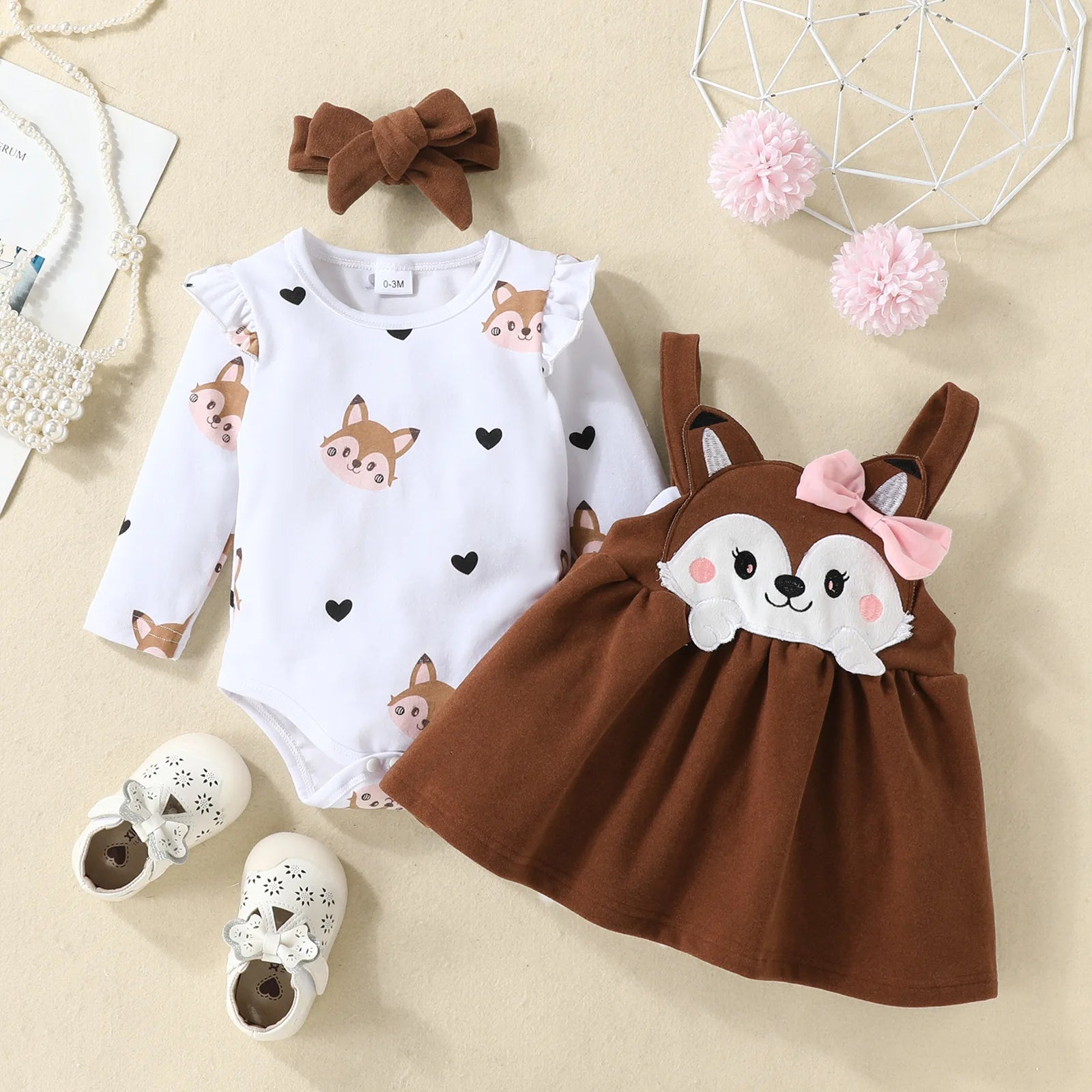 Prowow Cute Fox Baby Dresses For Girls Heart Print Romper+Suspender Fox Dress For Girls Fall Winter Newborn Baby Girl Clothes
