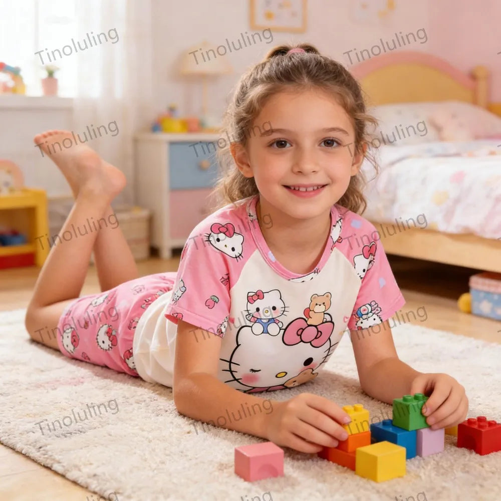 3 to 12 Years Girls Pajamas Summer Pyjamas Sets Kids Hello Kitty Cat Kuromi Tops+Short Pants Sleep Wear Little Girl Clothing