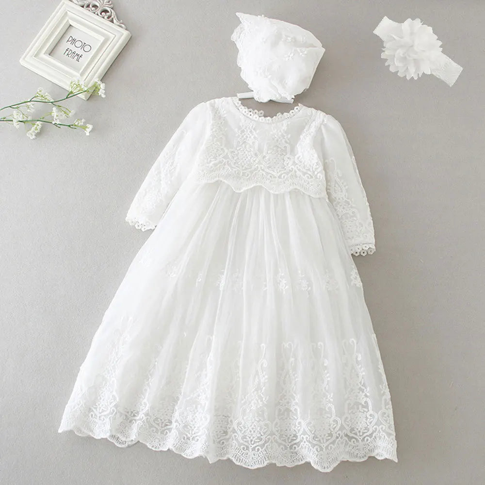 White Lace Baby Dresses + Hat For Christening 0 To 12 24 Months First Birthday Toddler Girl Clothes Infant One-piece Gown