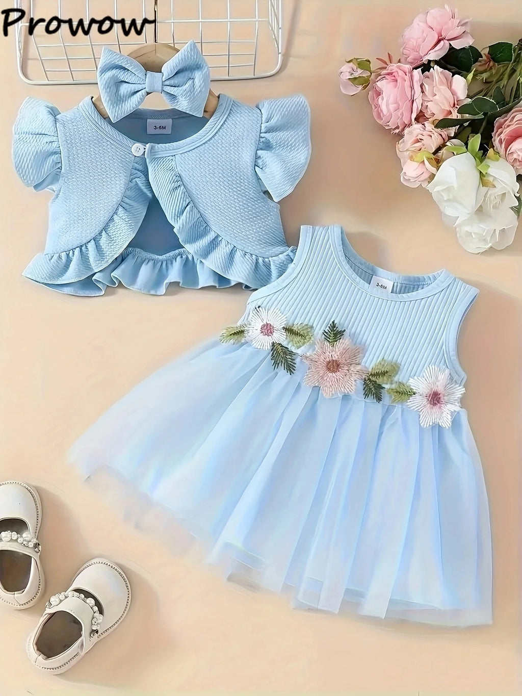 Prowow Baby Dresses With Coat Waffles Open Shirt Top and Pink Embroidery Floral Dress For Girls Birthday Party Kids Baby Clothes