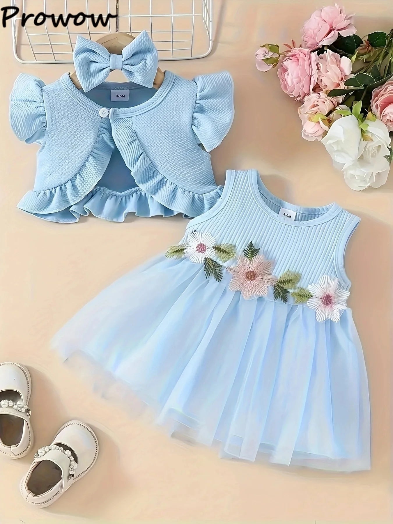 Prowow Baby Dresses With Coat Waffles Open Shirt Top and Pink Embroidery Floral Dress For Girls Birthday Party Kids Baby Clothes