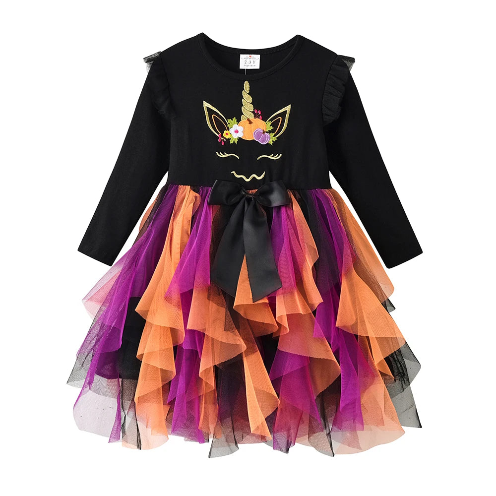 DXTON Children Girls Halloween Dress Irregular Mesh Cosplay Party Kids Baby Dresses Pumpkin Festival Party Toddler Clothes 3-12Y