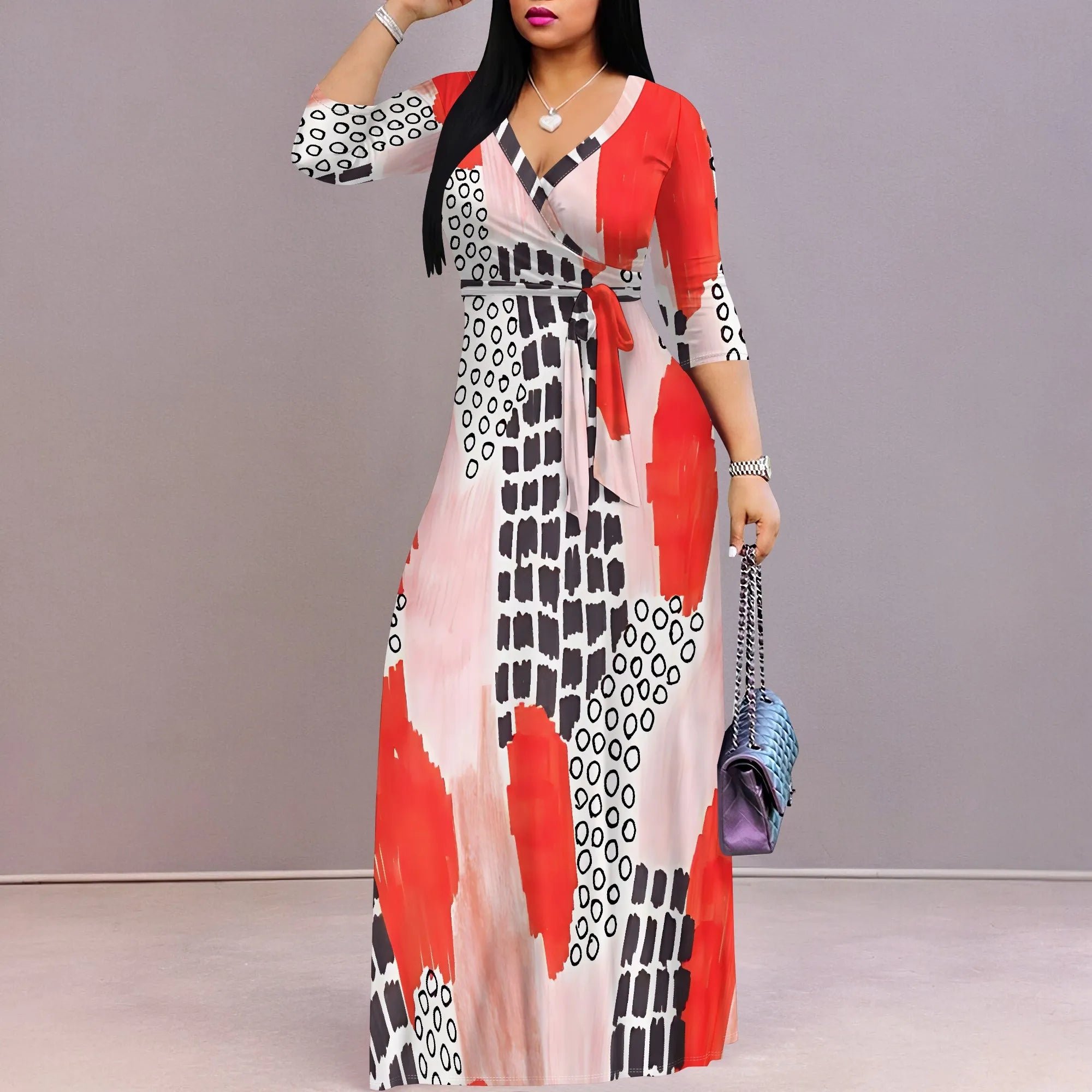 Pullover Sexy V Neck Short Sleeve Loose Long Dress for Women Fashion Printed Summer Beach Party Casual Maxi Dresses