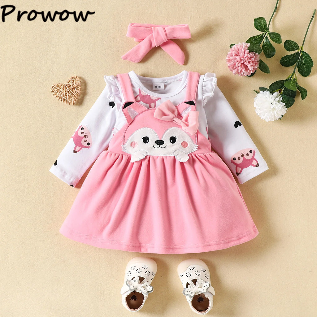 Prowow Cute Fox Baby Dresses For Girls Heart Print Romper+Suspender Fox Dress For Girls Fall Winter Newborn Baby Girl Clothes