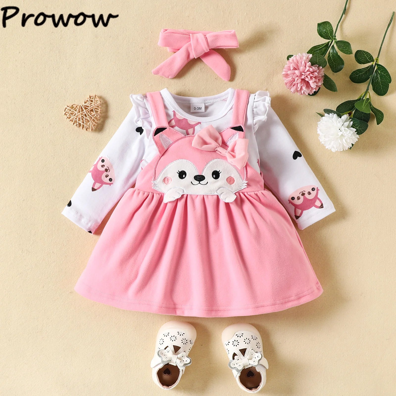 Prowow Cute Fox Baby Dresses For Girls Heart Print Romper+Suspender Fox Dress For Girls Fall Winter Newborn Baby Girl Clothes