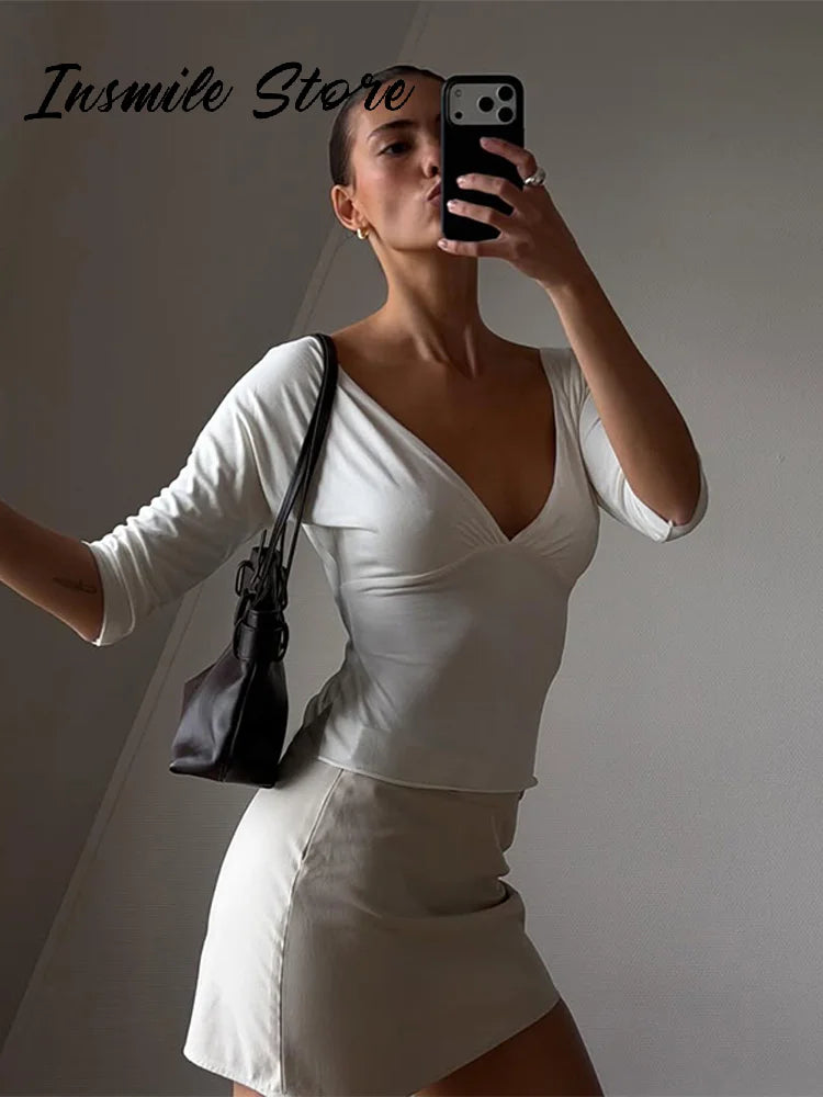 Elegant Women's Waist Cinched Solid T-shirts Slim Deep V-neck Half Sleeve Female Tops 2026 Spring Summer Lady All-match Top