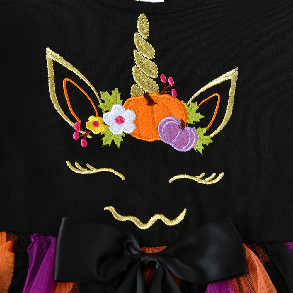DXTON Children Girls Halloween Dress Irregular Mesh Cosplay Party Kids Baby Dresses Pumpkin Festival Party Toddler Clothes 3-12Y