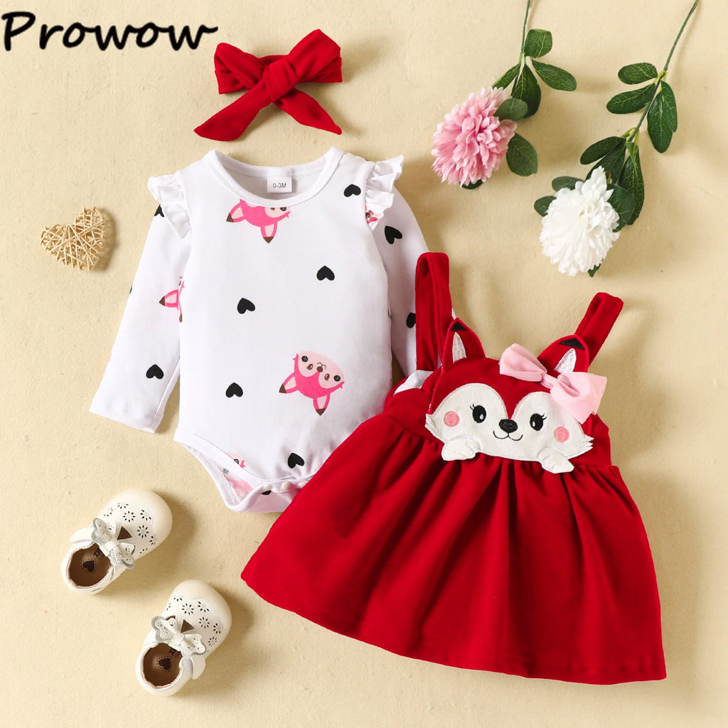 Prowow Cute Fox Baby Dresses For Girls Heart Print Romper+Suspender Fox Dress For Girls Fall Winter Newborn Baby Girl Clothes
