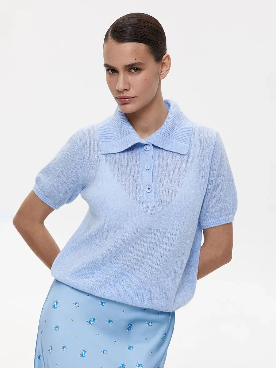 Casual Short Sleeve Knit Pullover For Women Lapel Patchwork See-Through Solid Commute Hollow Out Knitwear Sweater Pullover