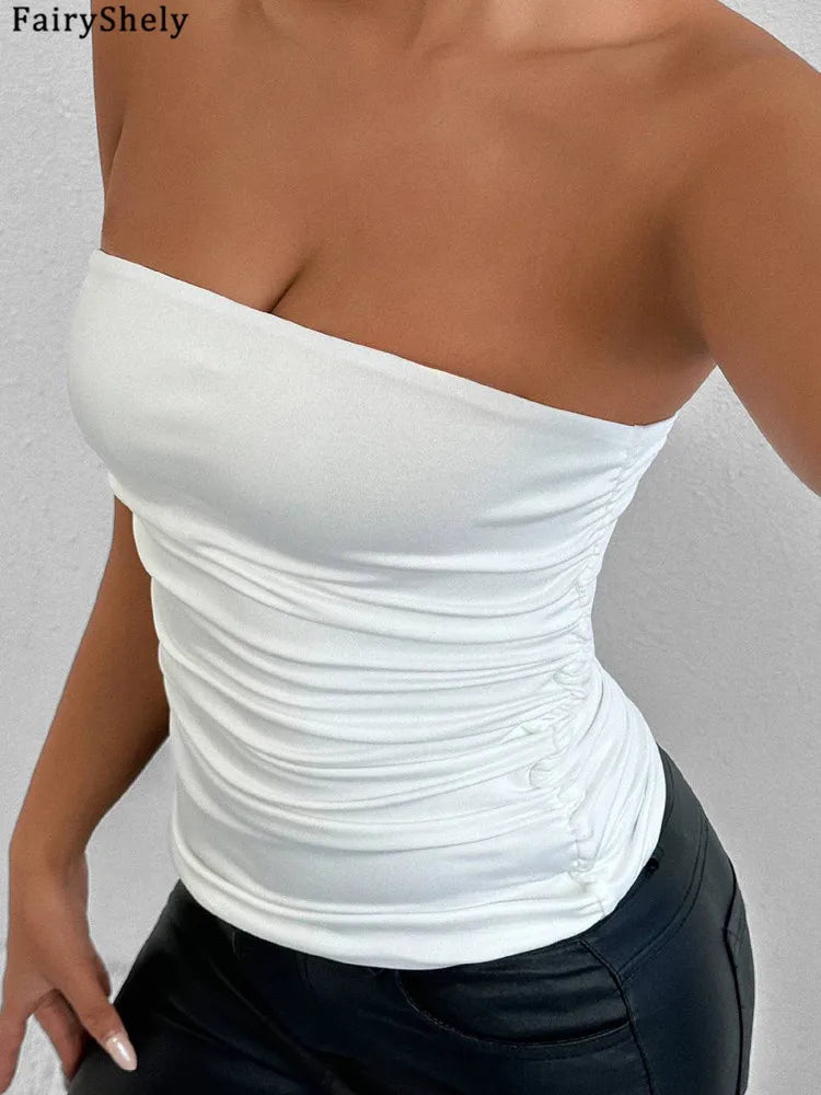 Fairyshely 2026 Sexy Summer Solid Strapless Top Women Bandeau Bodycon Tops Lady Sleeveless Off Shoulder Club Party Clothes