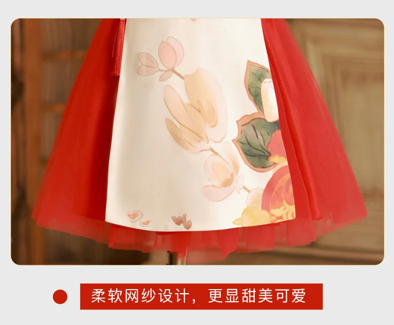Summer Toddler Girl Clothes Chinese Style Fashion Princess Red Sleeveless Mesh Baby Dresses Luxury Birthday Kids Dress BC569