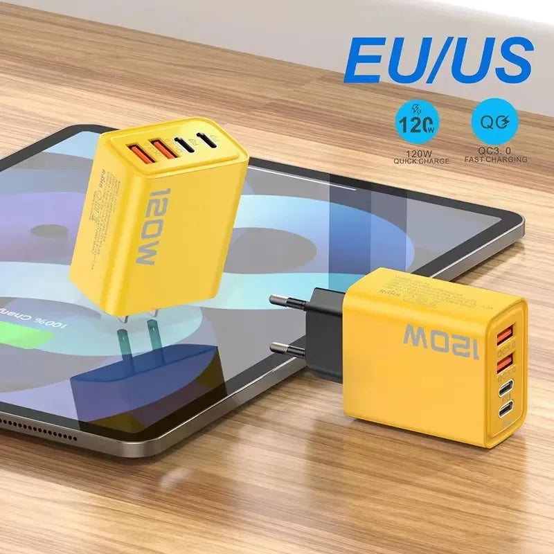 4 Ports 120W Charger USB C PD Quick Charge 3.0 Type C USB Phone Chargers Super Fast Charging Adapter For iPhone Samsung Xiaomi