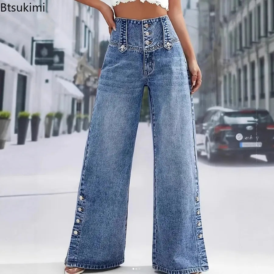 2026 Casual Jeans Pant Pantalones High Waist Wide Leg Trouser Women's Clothing Retro Street Style All-match Buttons Slit Fashion