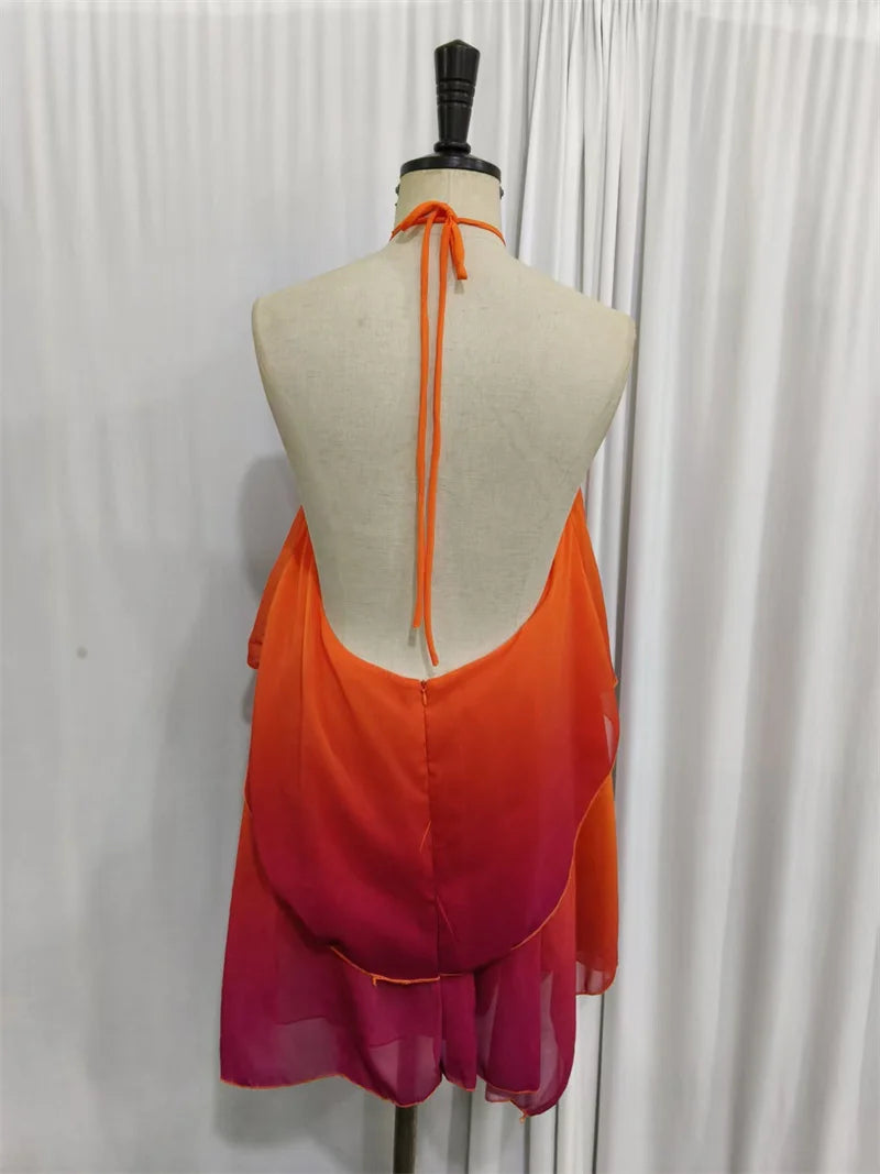 Mozision Gradient Halter Backless Sexy Mini Dress Women Gown Elegant Mesh Zipper Off-shoulder Sleeveless Club Party Dresses