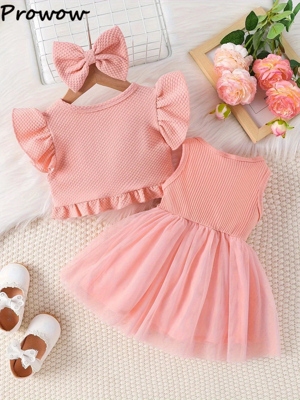 Prowow Baby Dresses With Coat Waffles Open Shirt Top and Pink Embroidery Floral Dress For Girls Birthday Party Kids Baby Clothes