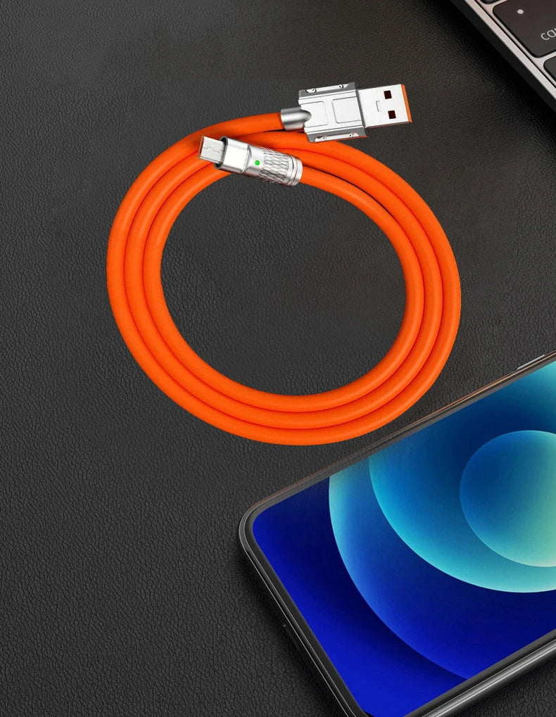 6A Micro USB 120W Fast Charging Cable Orange Blue Liquid Silica Gel Cable Zinc Alloy Joint 1M 1.5M 2M Microusb