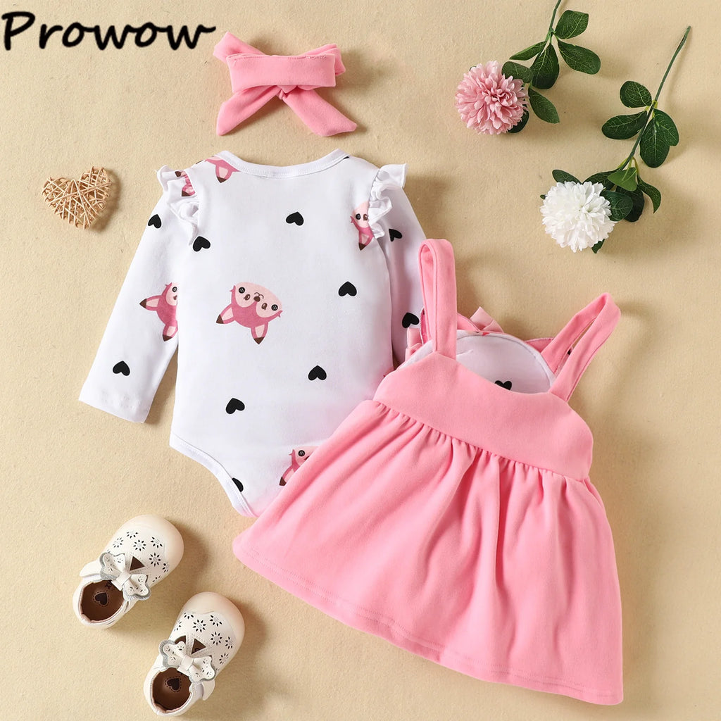 Prowow Cute Fox Baby Dresses For Girls Heart Print Romper+Suspender Fox Dress For Girls Fall Winter Newborn Baby Girl Clothes