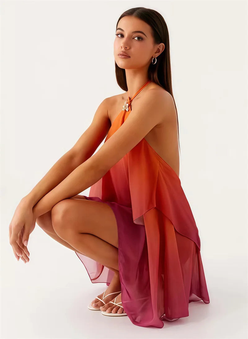 Mozision Gradient Halter Backless Sexy Mini Dress Women Gown Elegant Mesh Zipper Off-shoulder Sleeveless Club Party Dresses