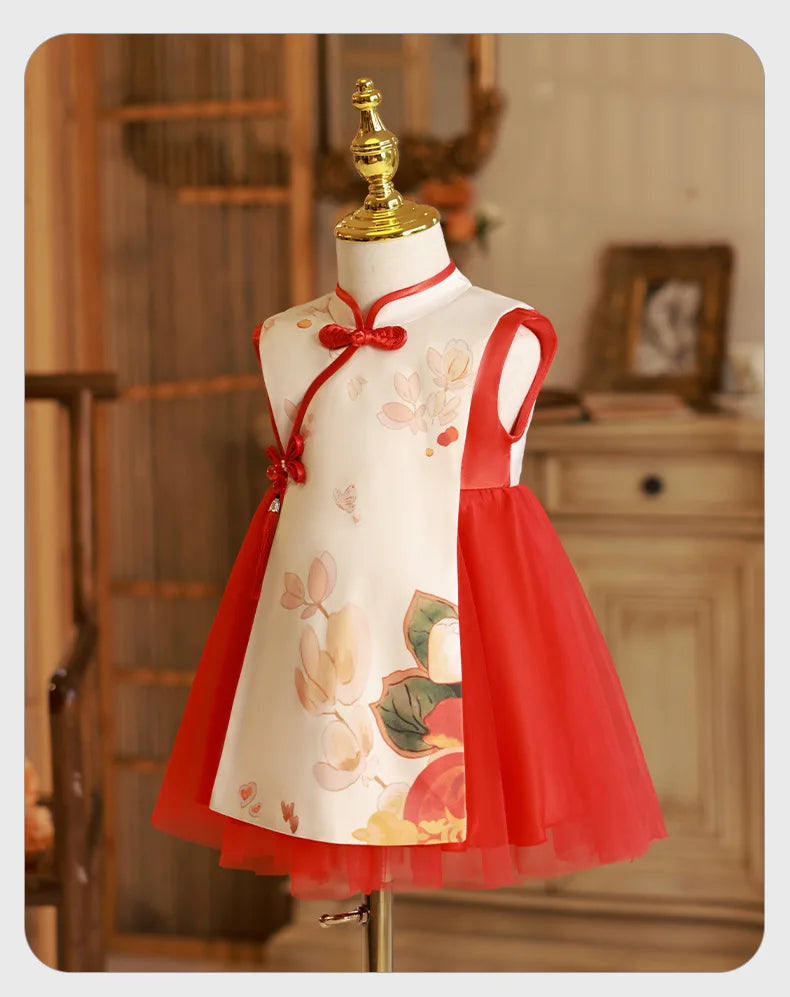 Summer Toddler Girl Clothes Chinese Style Fashion Princess Red Sleeveless Mesh Baby Dresses Luxury Birthday Kids Dress BC569
