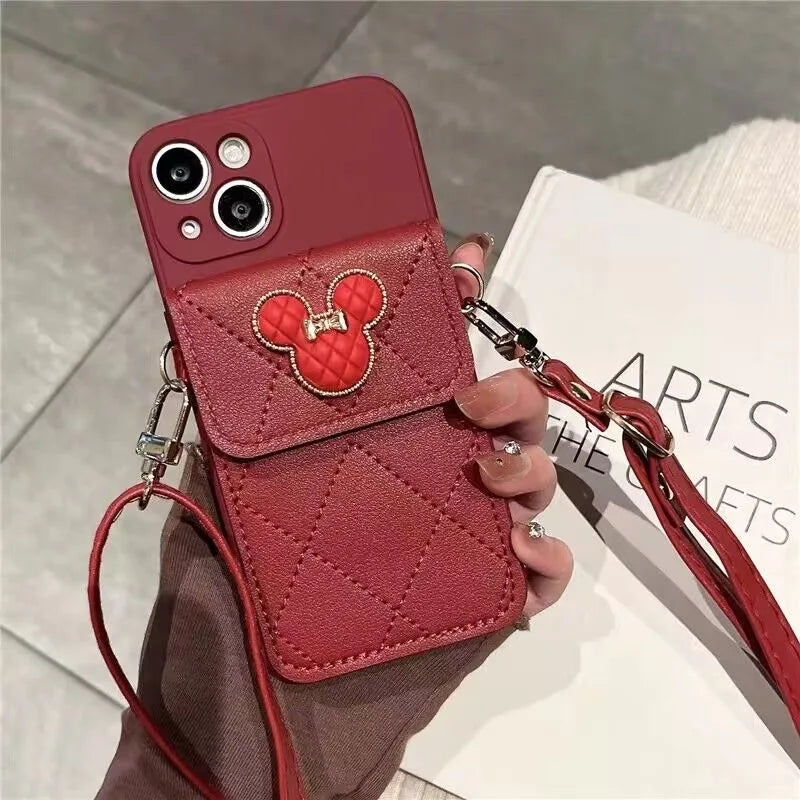 Cartoon Diamond Leather Wallet Case for iPhone 17 16 14 13 11 12 15 Pro Max Plus XS X 16E Card Holder Crossbody Lanyard Cover