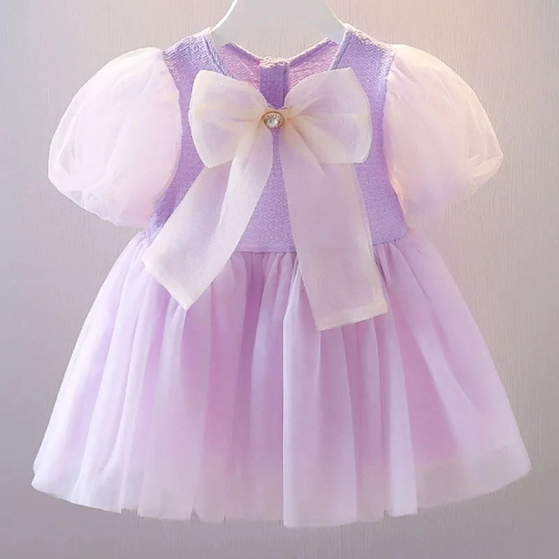 Summer Newborn Girls Clothes Korean Fashion Cute Bow Short Sleeve Mesh Baby Dresses First Birthday Dress Baby Clothing B227