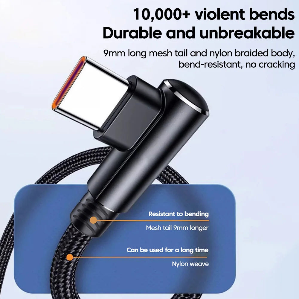 120W USB Fast Charging Cable QC3.0 Type-C Quick Charge Data Wire USB C Elbow Data Line For iPhone 17 16 15 Samsung Xiaomi POCO