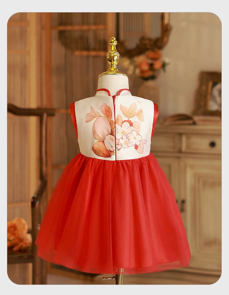 Summer Toddler Girl Clothes Chinese Style Fashion Princess Red Sleeveless Mesh Baby Dresses Luxury Birthday Kids Dress BC569