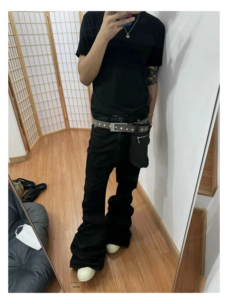 High Street RO Style Denim Pants Men's 24SS Basic Elastic Black Ribbon Loose Flared Streetwear Casual Jeans Pants Men Clothing