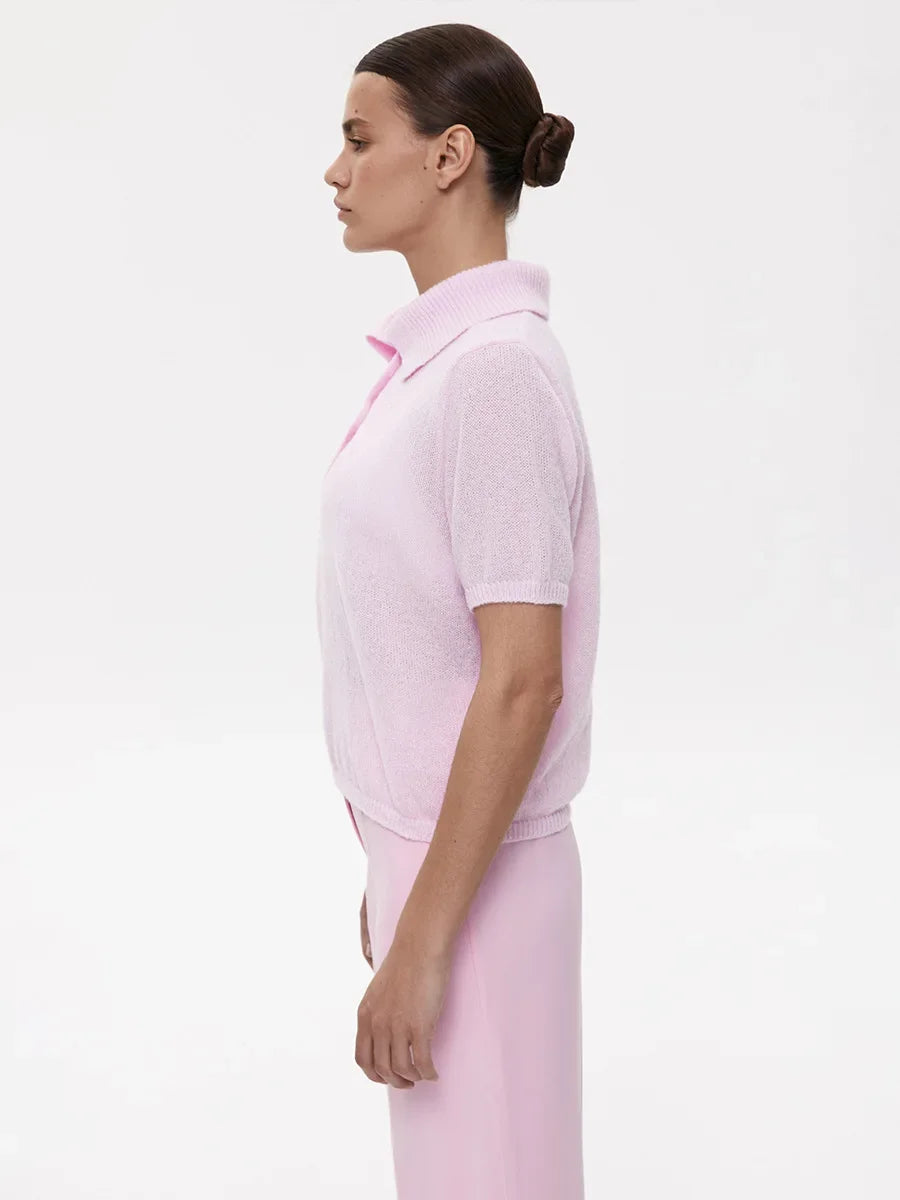 Casual Short Sleeve Knit Pullover For Women Lapel Patchwork See-Through Solid Commute Hollow Out Knitwear Sweater Pullover