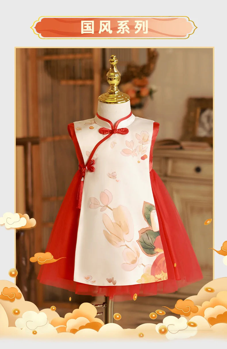 Summer Toddler Girl Clothes Chinese Style Fashion Princess Red Sleeveless Mesh Baby Dresses Luxury Birthday Kids Dress BC569