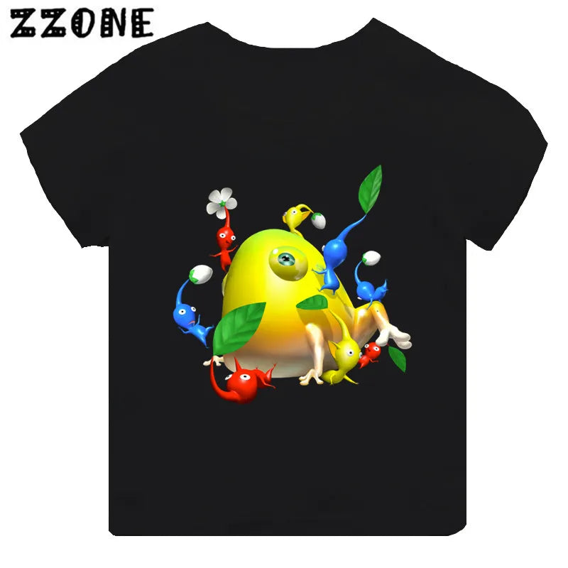 Hot Sale Video Game Pikmin 4 Print Cartoon Kids T-shirt Girls Clothes Baby Boys Black Short Sleeve T shirt Children Tops,TH5868