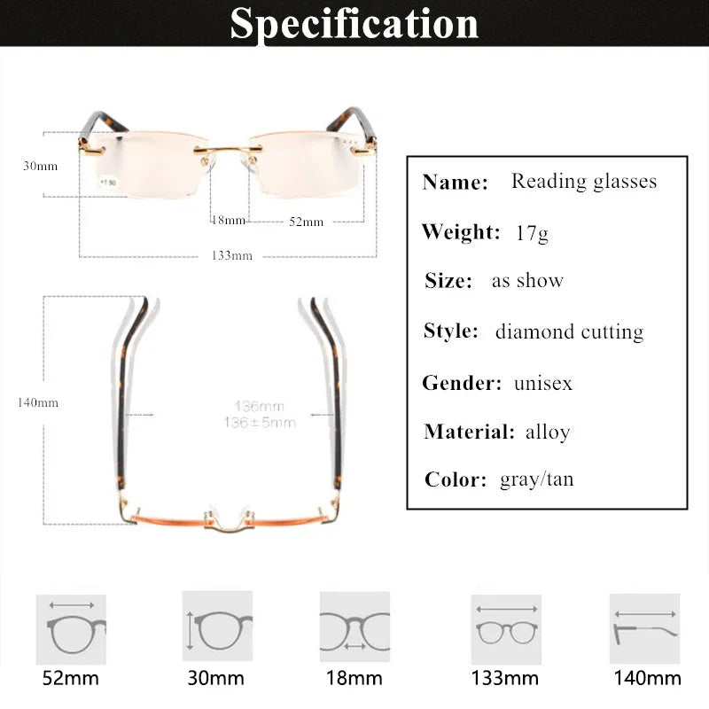 BEGREAT Luxury Designer Reading Glasses Rimless Diamond Cutting Frame Men Women Presbyopia Anti-blue Light Square Reader Glasses