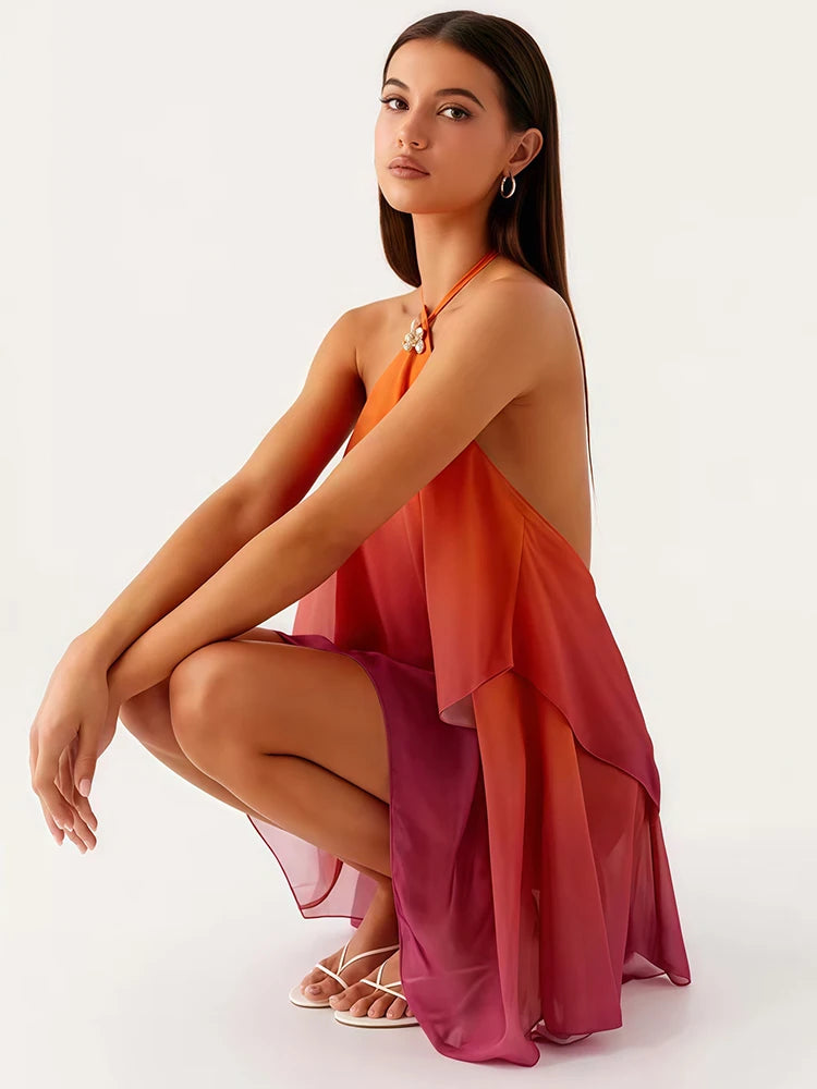 Mozision Gradient Halter Backless Sexy Mini Dress Women Gown Elegant Mesh Zipper Off-shoulder Sleeveless Club Party Dresses