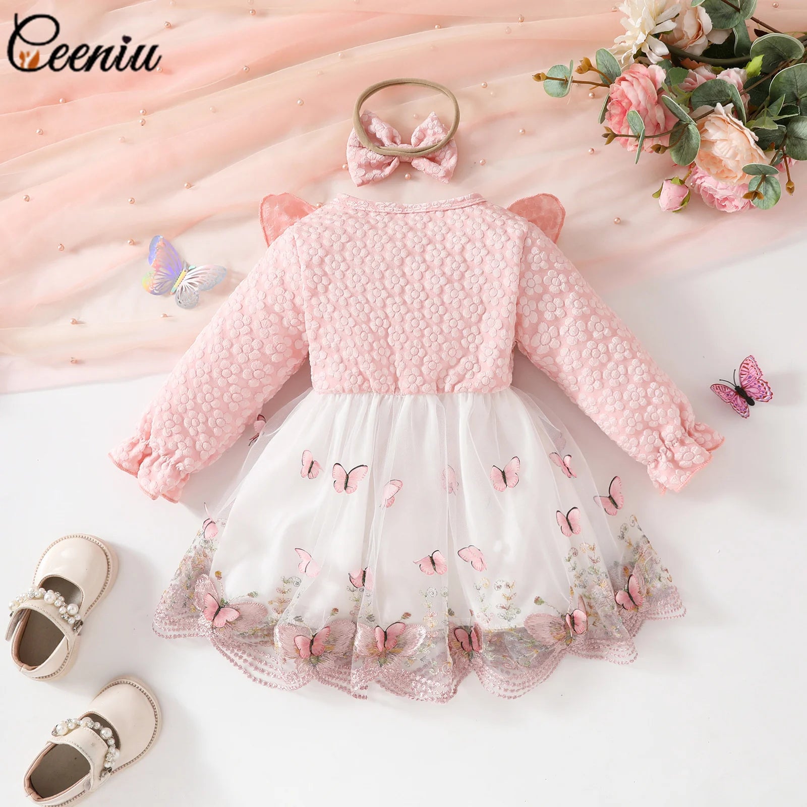 Ceeniu Baby Dresses For Birthday Long Sleeve Ruffles Bow Butterfly Party Dress For Girls 2024 Toddler Newborn Girl Clothes 2024