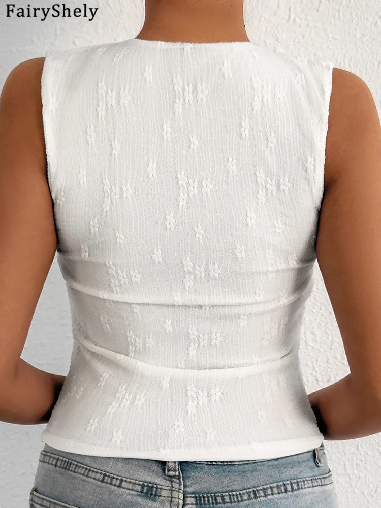 Fairyshely 2026 Sexy Summer Sleeveless Short Lace Top Women Hollow Bodycon Crop Tops Lady Solid Off Shoulder Club Party Clothes