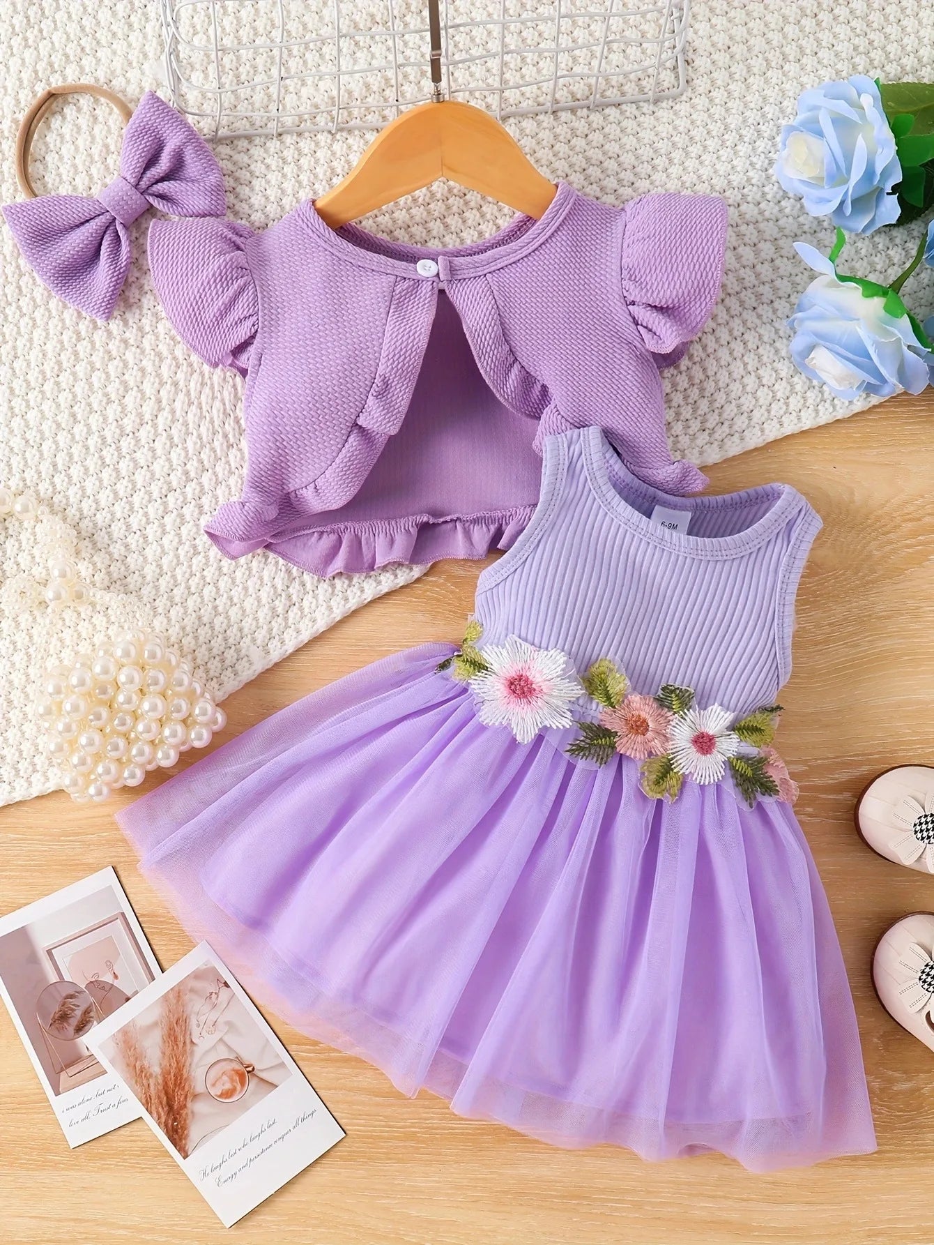 Prowow Baby Dresses With Coat Waffles Open Shirt Top and Pink Embroidery Floral Dress For Girls Birthday Party Kids Baby Clothes